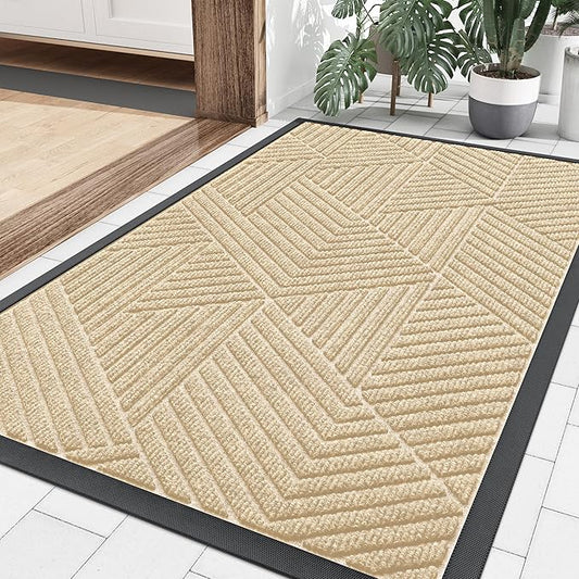 Smiry Front Door Mat Outside Entrance, Heavy Duty Sturdy Natural Rubber Doormat, Trap Dirt and Moisture, Easy Clean Low Profile Mats for Indoor Outdoor Entry, Irregular Triangle (36x24, Beige)