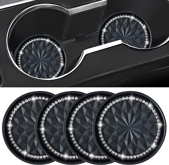 Amooca Car Cup Coaster 4 Pack Universal Non-Slip Cup Holders Insert Coasters Bling Crystal Rhinestone Car Interior Accessories Black Flower