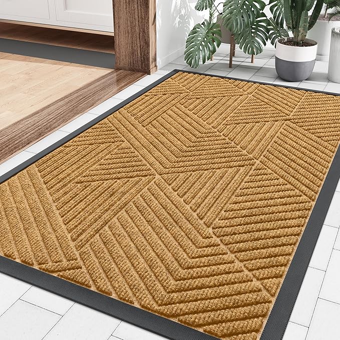 Smiry Front Door Mat Outside Entrance, Heavy Duty Sturdy Natural Rubber Doormat, Trap Dirt and Moisture, Easy Clean Low Profile Mats for Indoor Outdoor Entry, Irregular Triangle (36x24, CRM-Yellow)
