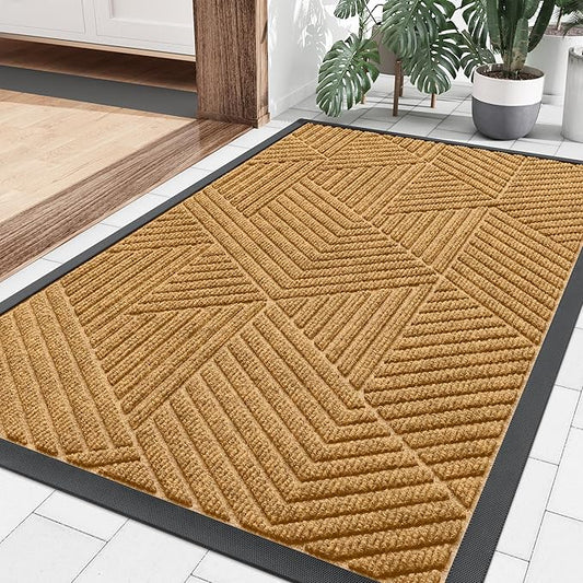 Smiry Front Door Mat Outside Entrance, Heavy Duty Sturdy Natural Rubber Doormat, Trap Dirt and Moisture, Easy Clean Low Profile Mats for Indoor Outdoor Entry, Irregular Triangle (36x24, CRM-Yellow)