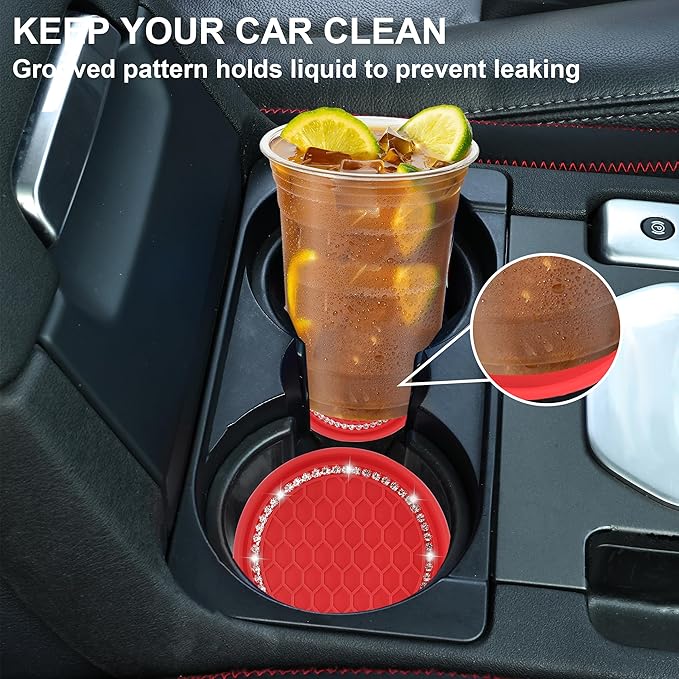 Amooca Car Cup Coaster 4 Pack Universal Non-Slip Cup Holders Insert Coasters Bling Crystal Rhinestone Car Interior Accessories Red Grid