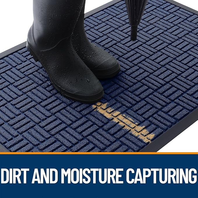 OLANLY Front Door Mat Outside Entrance 33x21, Absorbent, Heavy Duty Sturdy Natural Rubber Doormat Indoor Outdoor, Non-Slip, Stain and Fade Resistant, Low Profile Floor Mat for Entryway, Navy Blue