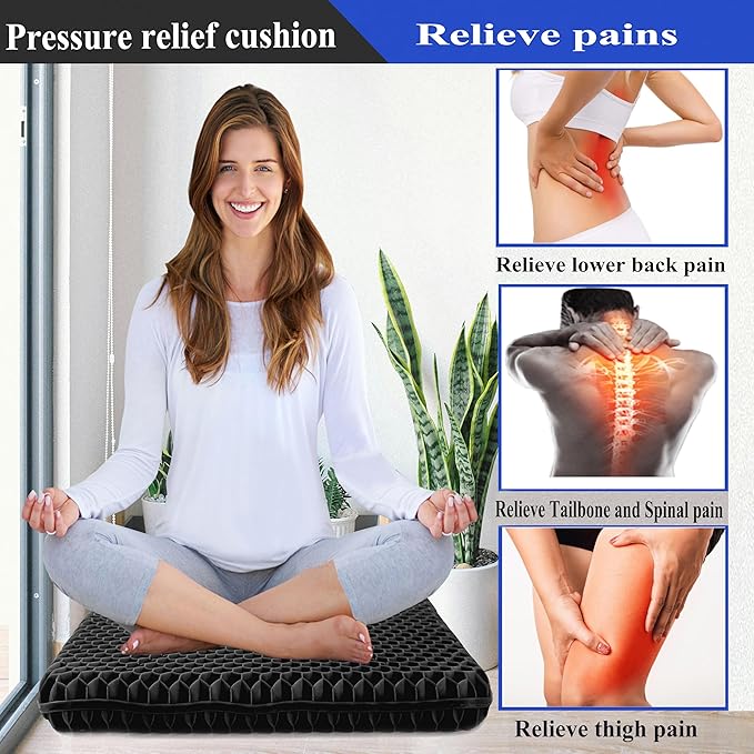 Plus Size Gel Seat Cushion, Extra Large and Thick, Seat Cushion for Pressure Relief for Back, Hip, Sciatica, Tailbone Pain, Use for The Office, Car, Wheelchair, Recliner, Truck, Trip, Stadium.(Black)