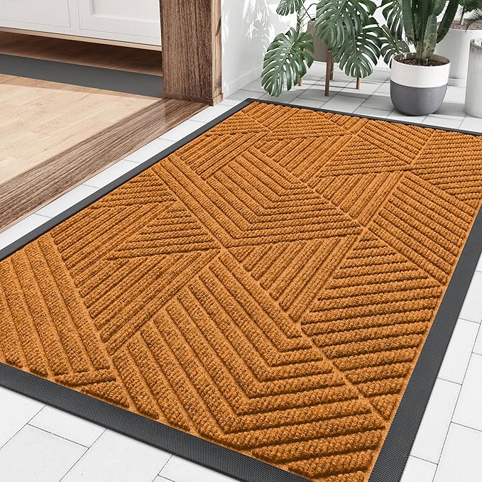 Smiry Front Door Mat Outside Entrance, Heavy Duty Sturdy Natural Rubber Doormat, Trap Dirt and Moisture, Easy Clean Low Profile Mats for Indoor Outdoor Entry, Irregular Triangle (36x24, Amber)