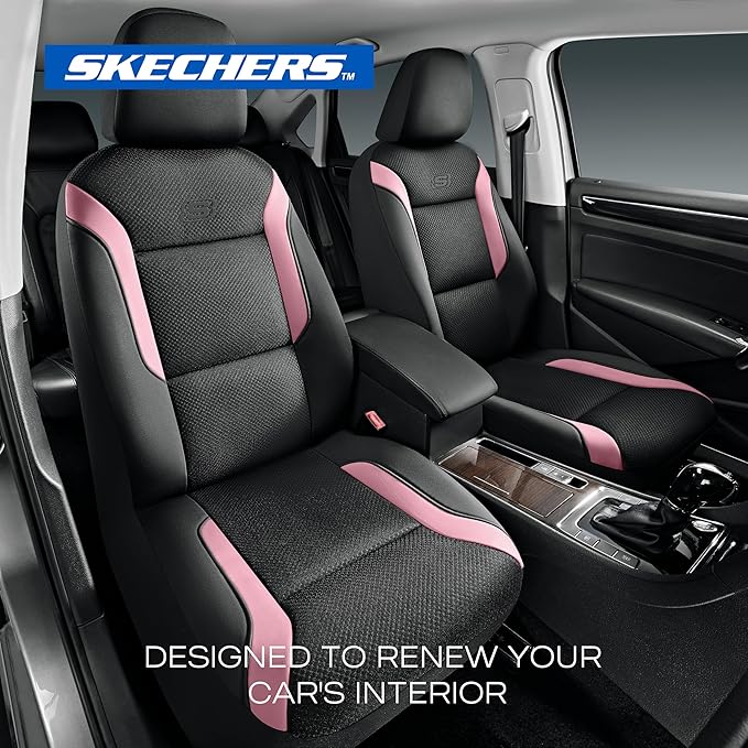Skechers Memory Foam Car Seat Covers, Air Cool Mesh Thick Seat Covers, Car Seat Full Sets, Airbag Compatible, Automotive Comfort Protection for Most Cars,Vans,Trucks, SUVs,Pink