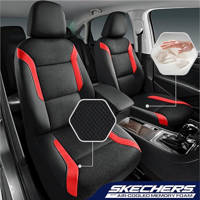 Skechers Memory Foam Car Seat Covers, Air Cool Mesh Thick Seat Covers, Car Seat Covers Front Seats Airbag Compatible, Automotive Comfort & Protection for Most Cars,Vans,Trucks, SUVs,Red
