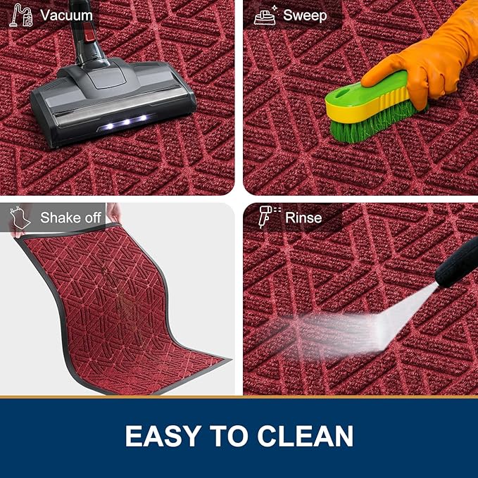 Smiry Front Door Mat Outside Entrance, Heavy Duty Sturdy Natural Rubber Doormat, Trap Dirt and Moisture, Easy Clean Low Profile Mats for Indoor Outdoor Entry, Grid Geometric (36x24, Wine Red)