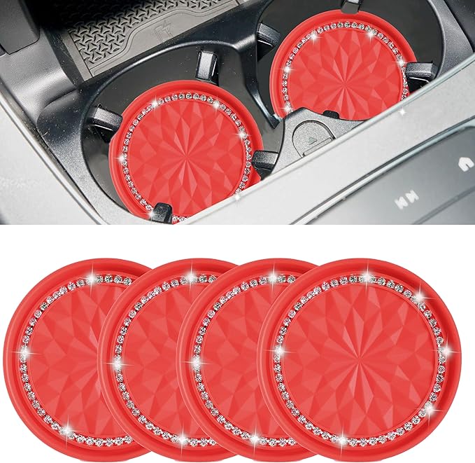Amooca Car Cup Coaster 4 Pack Universal Non-Slip Cup Holders Insert Coasters Bling Crystal Rhinestone Car Interior Accessories Red Flower