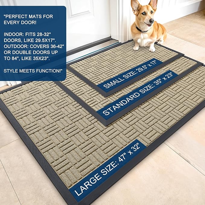 OLANLY Front Door Mat Outside Entrance 59x23, Absorbent, Heavy Duty Sturdy Natural Rubber Doormat Indoor Outdoor, Stain and Fade Resistant, Non-Slip Backing Low Profile Floor Mat for Entryway, Beige