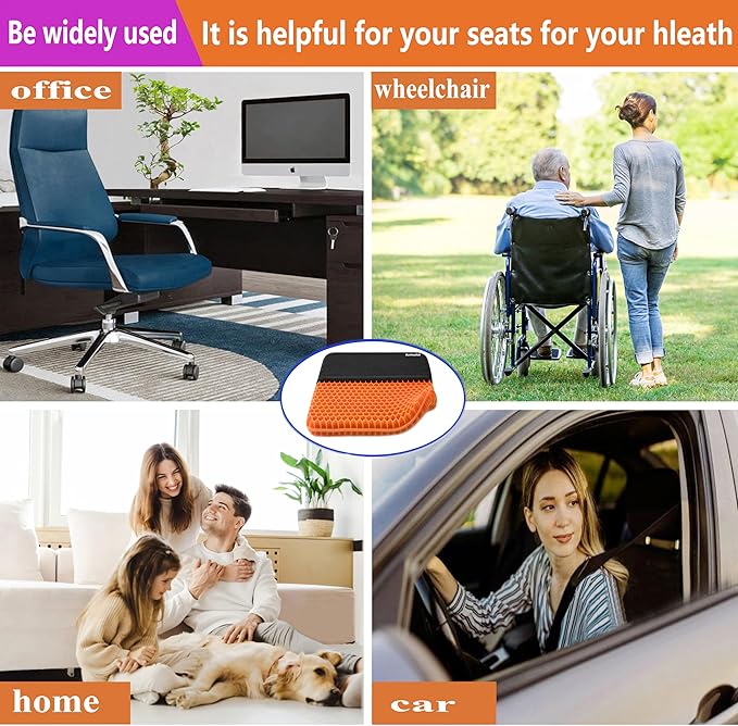 Plus Size Gel Seat Cushion, Extra Large and Thick, Seat Cushion for Pressure Relief for Back, Hip, Sciatica, Tailbone Pain, Use for The Office, Wheelchair, Car, Recliner, Truck, Trip, Stadium.(Orange)