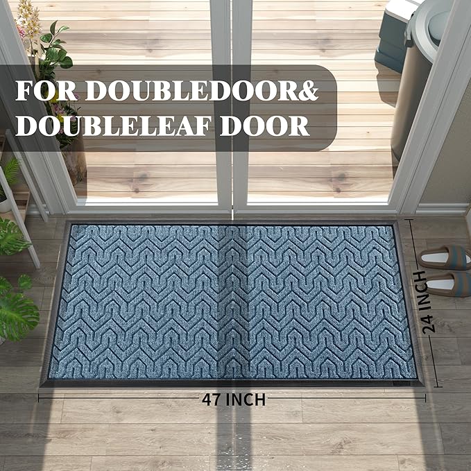 Yimobra Large Door Mat Outside Entrance 47x24, Waterproof Heavy Duty Outdoor Mats for Front Door, Non Slip Rubber Entry Mat for Garage Patio Indoor, Easy Clean, Mix Blue
