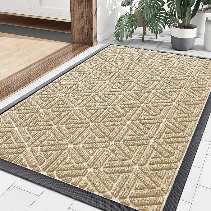 Smiry Front Door Mat Outside Entrance, Heavy Duty Sturdy Natural Rubber Doormat, Trap Dirt and Moisture, Easy Clean Low Profile Mats for Indoor Outdoor Entry, Grid Geometric (36x24, Beige)
