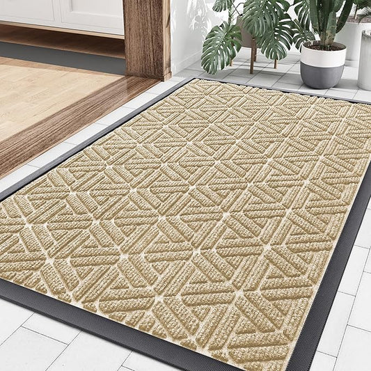 Smiry Front Door Mat Outside Entrance, Heavy Duty Sturdy Natural Rubber Doormat, Trap Dirt and Moisture, Easy Clean Low Profile Mats for Indoor Outdoor Entry, Grid Geometric (36x24, Beige)