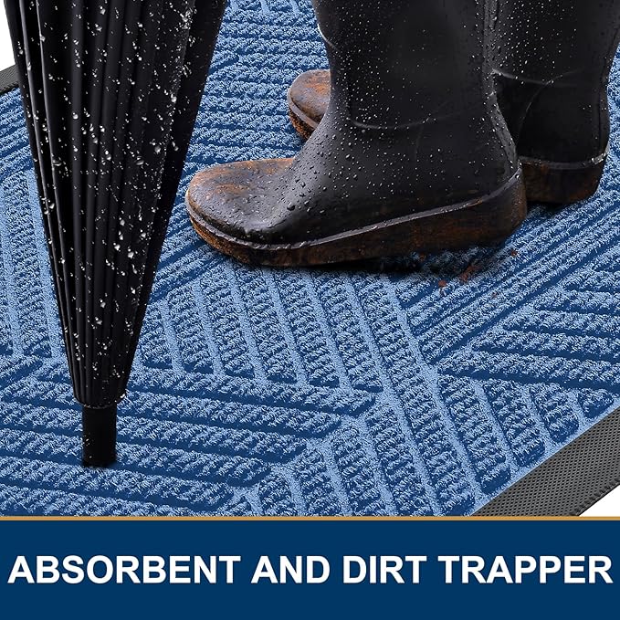 Smiry Front Door Mat Outside Entrance, Heavy Duty Sturdy Natural Rubber Doormat, Trap Dirt and Moisture, Easy Clean Low Profile Mats for Indoor Outdoor Entry, Irregular Triangle (36x24, Blue)