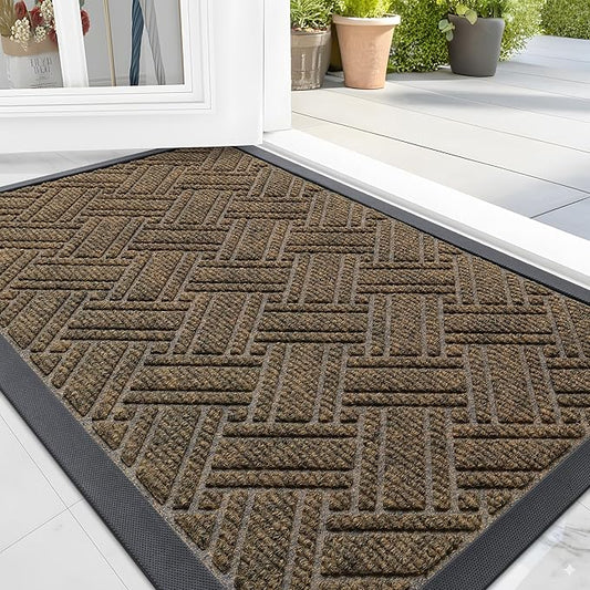 OLANLY Indoor Outdoor Mat, Sturdy Natural Rubber Floor Mat, Non Slip Low Profile Waterproof Doormat, and Stain Front Door Mats, Easy Clean Patio Entrance Mat, 36''x24'', Brown