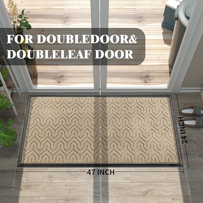 Yimobra Large Door Mat Outside Entrance 47x24, Waterproof Heavy Duty Outdoor Mats for Front Door, Non Slip Rubber Entry Mat for Garage Patio Indoor, Easy Clean, Light Beige