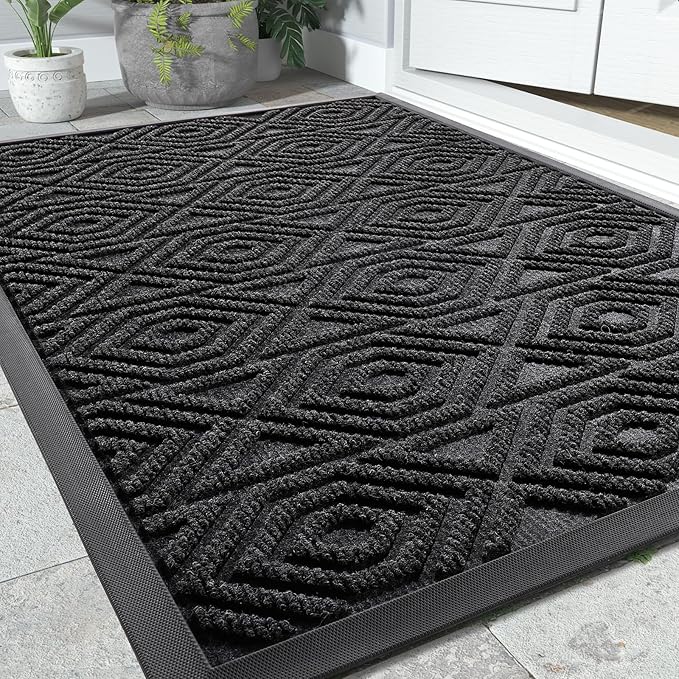 Yimobra Door Mat, Outdoor Indoor Entrance Welcome Mat, Heavy Entry Front Door Mat, Stain & Fade Resistant, Low Profile, Sturdy Rubber, Easy Clean Patio Floor Mat, Waterproof, 47 x 32, Black