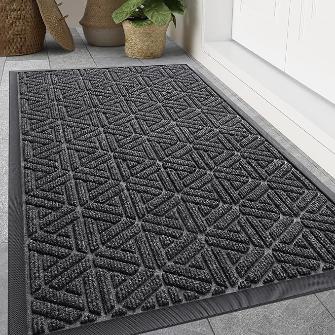 Smiry Front Door Mat Outside Entrance, Heavy Duty Sturdy Natural Rubber Doormat, Trap Dirt and Moisture, Easy Clean Low Profile Mats for Indoor Outdoor Entry, Grid Geometric (47x32, Grey)