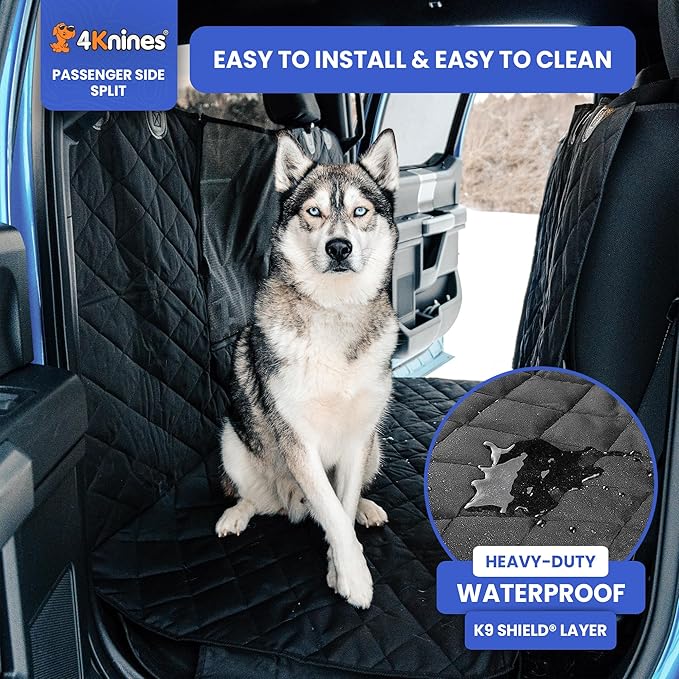 4Knines Dog Floor Hammock for Truck & Crew Cab with Fold Up Seats – Back Seat Pet Cover for Dogs – Compatible with Ford F-150, GMC, Chevrolet, Toyota Full Size Trucks (Passenger Side Split, Black)