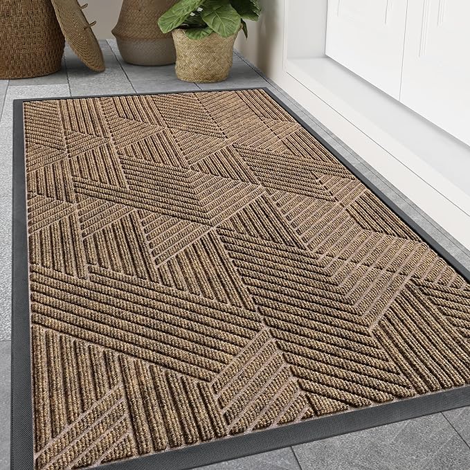Smiry Front Door Mat Outside Entrance, Heavy Duty Sturdy Natural Rubber Doormat, Trap Dirt and Moisture, Easy Clean Low Profile Mats for Indoor Outdoor Entry, Irregular Triangle (59x20, Brown)