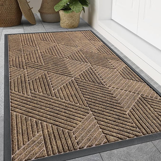 Smiry Front Door Mat Outside Entrance, Heavy Duty Sturdy Natural Rubber Doormat, Trap Dirt and Moisture, Easy Clean Low Profile Mats for Indoor Outdoor Entry, Irregular Triangle (59x30, Brown)