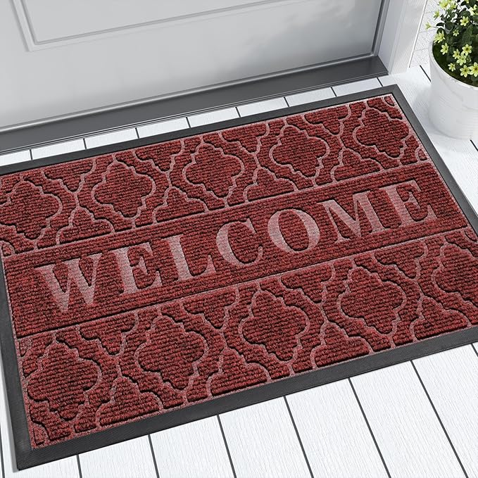 Yimobra Christmas Door Mat Outdoor Indoor 29.5x17, All-Weather Waterproof Front Door Mat Outside Entrance, Non-Slip Low Profile Porch Patio Welcome Doormat, Red