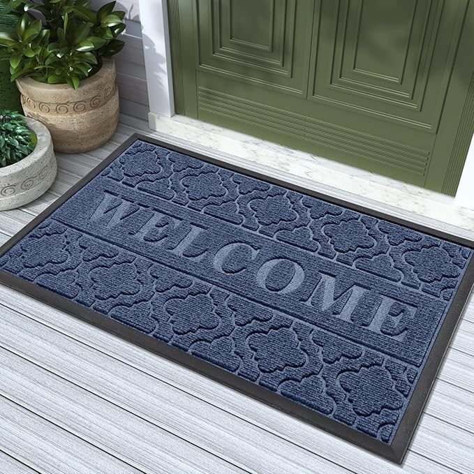 Yimobra Welcome Matt Outdoor Indoor 29.5x17, All-Weather Waterproof Front Door Mat, Non-Slip Low Profile Porch Patio Entrance Doormat, Blue