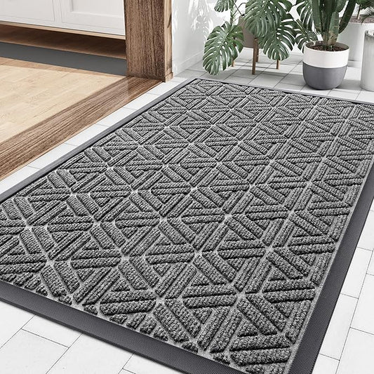 Smiry Front Door Mat Outside Entrance, Heavy Duty Sturdy Natural Rubber Doormat, Trap Dirt and Moisture, Easy Clean Low Profile Mats for Indoor Outdoor Entry, Grid Geometric (36x24, Silver Grey)