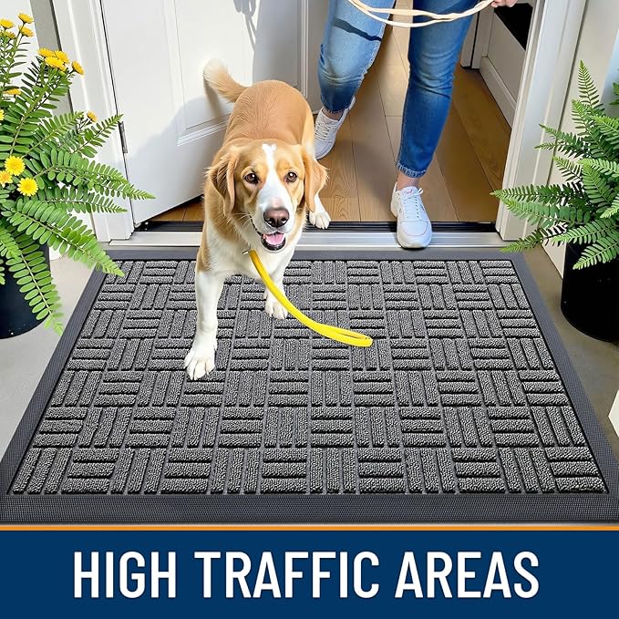 OLANLY Front Door Mat Outside Entrance 59x23, Absorbent, Heavy Duty Sturdy Natural Rubber Doormat Indoor Outdoor, Stain and Fade Resistant, Non-Slip Backing Low Profile Floor Mat for Entryway, Grey