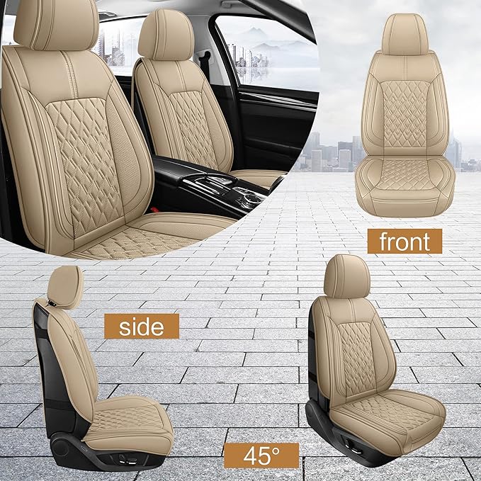 Pariitadin Leather Car Seat Covers Front Pair, Waterproof Breathable Faux Leather Automotive Seat Covers for Cars, Non-Slip Car Interior Covers Universal Fit Most Cars Sedans Trucks SUVs, Beige