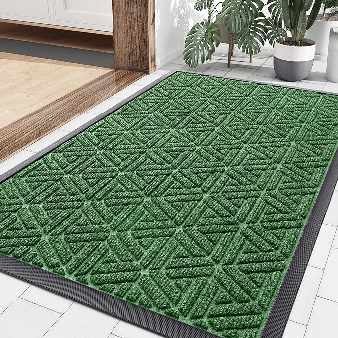 Smiry Front Door Mat Outside Entrance, Heavy Duty Sturdy Natural Rubber Doormat, Trap Dirt and Moisture, Easy Clean Low Profile Mats for Indoor Outdoor Entry, Grid Geometric (36x24, Green)