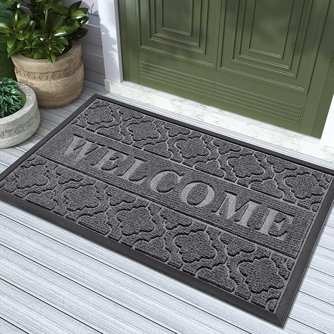 Yimobra Welcome Mat Outdoor Indoor, All-Season Waterproof Front Door Mat Outside Entrance, All-Weather Heavy Duty Non-Slip Doormat, Low Profile Porch Patio Entrance Mats, 47x32, Dark Grey