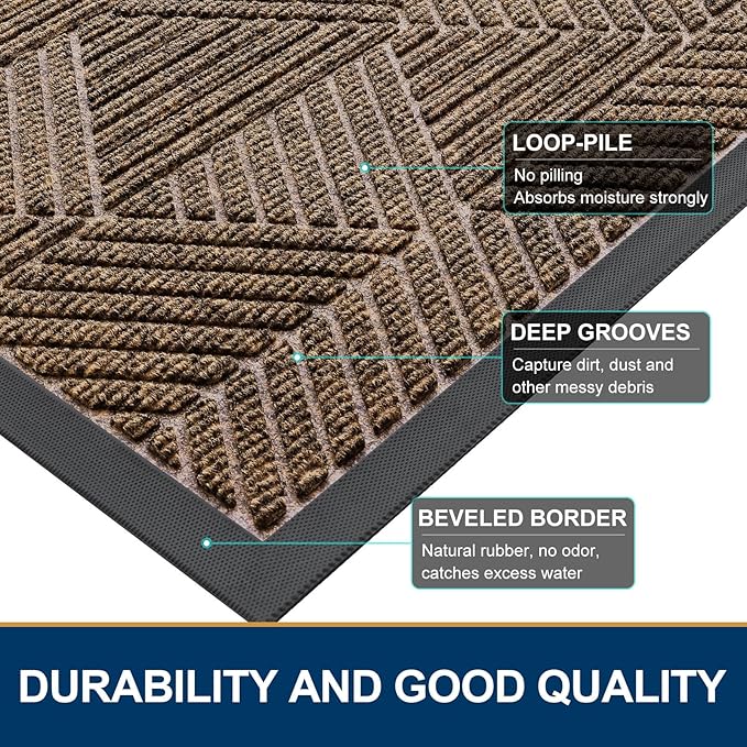 Smiry Front Door Mat Outside Entrance, Heavy Duty Sturdy Natural Rubber Doormat, Trap Dirt and Moisture, Easy Clean Low Profile Mats for Indoor Outdoor Entry, Irregular Triangle (29.5x17, Brown)