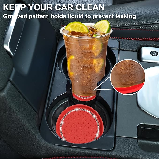 Amooca Car Cup Coaster 4 Pack Universal Non-Slip Cup Holders Insert Coasters Bling Crystal Rhinestone Car Interior Accessories Red Dots