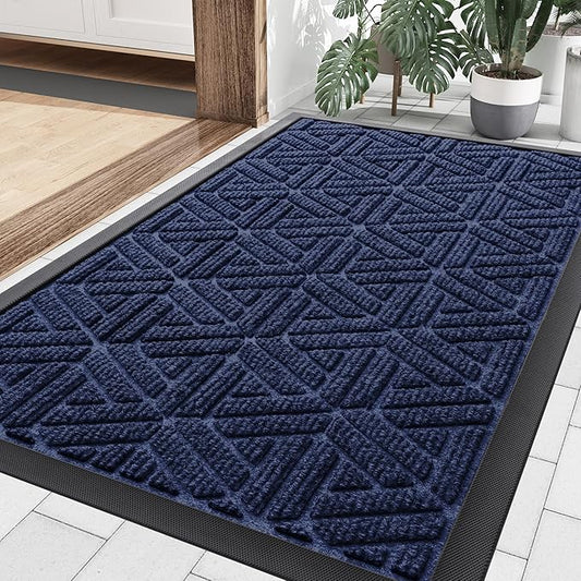Smiry Front Door Mat Outside Entrance, Heavy Duty Sturdy Natural Rubber Doormat, Trap Dirt and Moisture, Easy Clean Low Profile Mats for Indoor Outdoor Entry, Grid Geometric (29.5x17, Navy Blue)