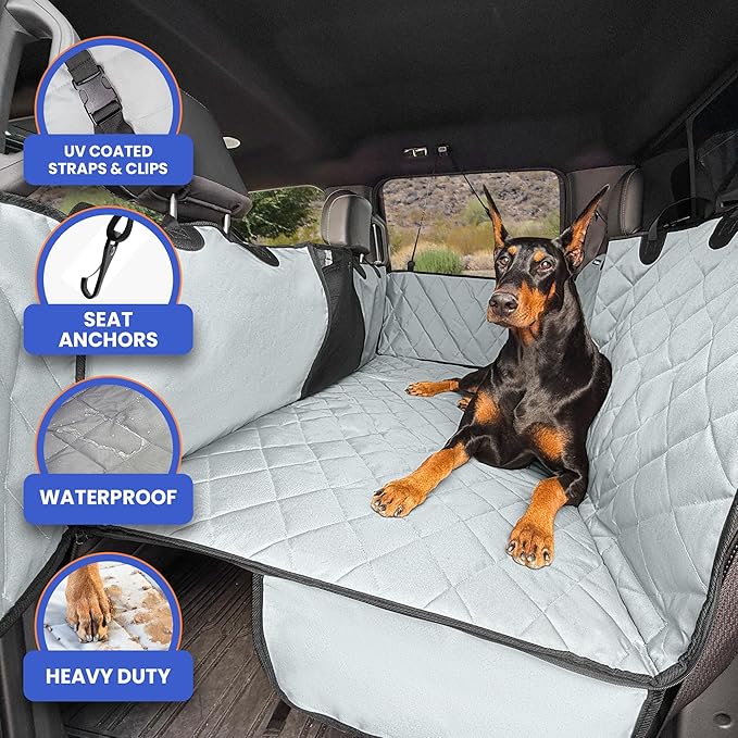 4Knines Hard Bottom Back Seat Extender for Dogs – Waterproof Dog Car Seat Cover – Heavy Duty Backseat Protector for Cars, SUVs, Trucks – Built-in EZ Open Door Protector (Patent Pending) Grey, XLarge