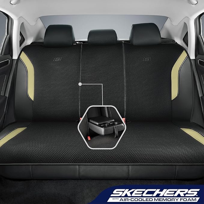 Skechers Memory Foam Car Seat Covers, Air Cool Mesh Thick Seat Covers, Car Seat Full Sets Airbag Compatible, Automotive Comfort Protection for Most Cars,Vans,Trucks, SUVs,Beige