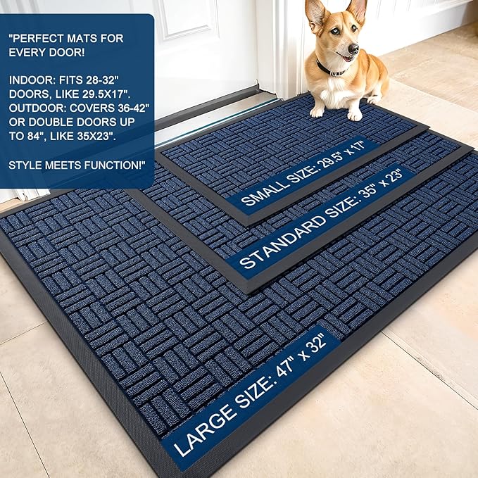 OLANLY Front Door Mat Outside Entrance 59x34, Absorbent, Heavy Duty Sturdy Natural Rubber Doormat Indoor Outdoor, Non-Slip, Stain and Fade Resistant, Low Profile Floor Mat for Entryway, Navy Blue