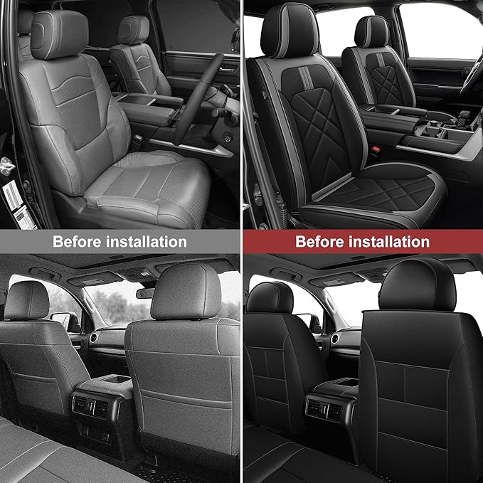 AOMSAZTO Seat Covers Custom Fit for 2022-2025 2026 Toyota Tundra Crewmax Double Cab Breathable Leather Truck Car Front Seat Covers (Black&Grey)