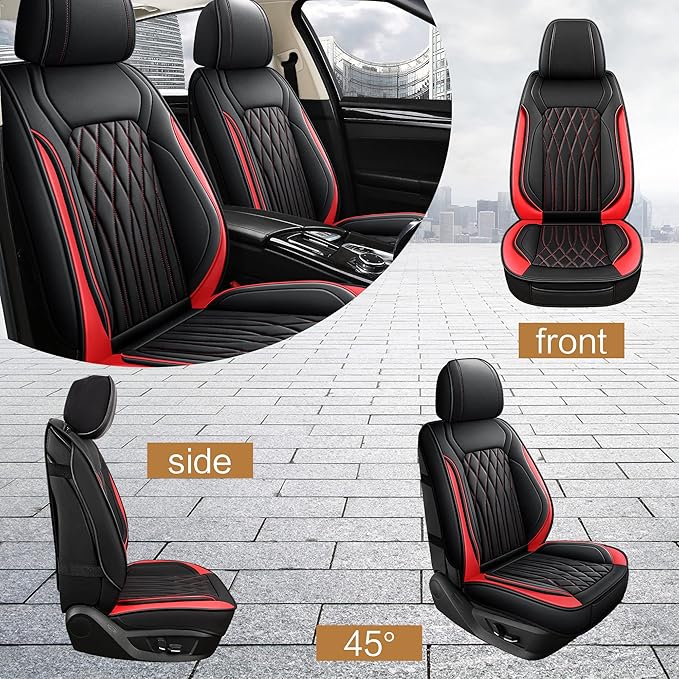 Pariitadin Leather Car Seat Covers Front Pair, Waterproof Faux Leather Seat Covers for Cars, Non-Slip Car Interior Covers Universal Fit for Most Cars Sedans Trucks SUVs, Black/Red Line