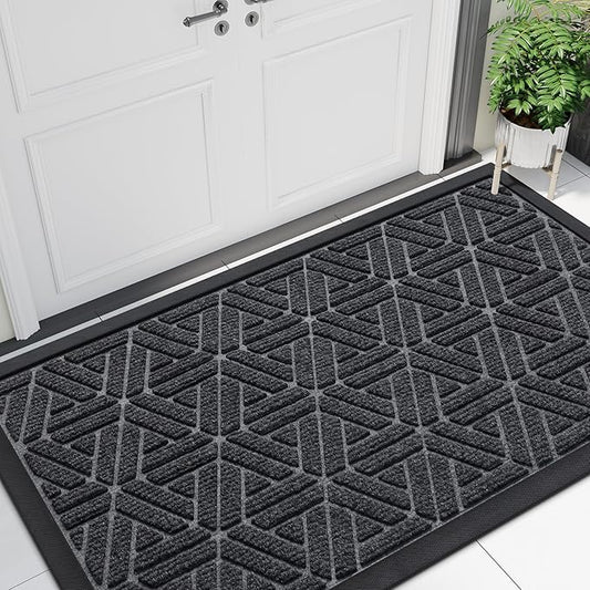Smiry Front Door Mat Outside Entrance, Heavy Duty Sturdy Natural Rubber Doormat, Trap Dirt and Moisture, Easy Clean Low Profile Mats for Indoor Outdoor Entry, Grid Geometric (47x24, Grey)
