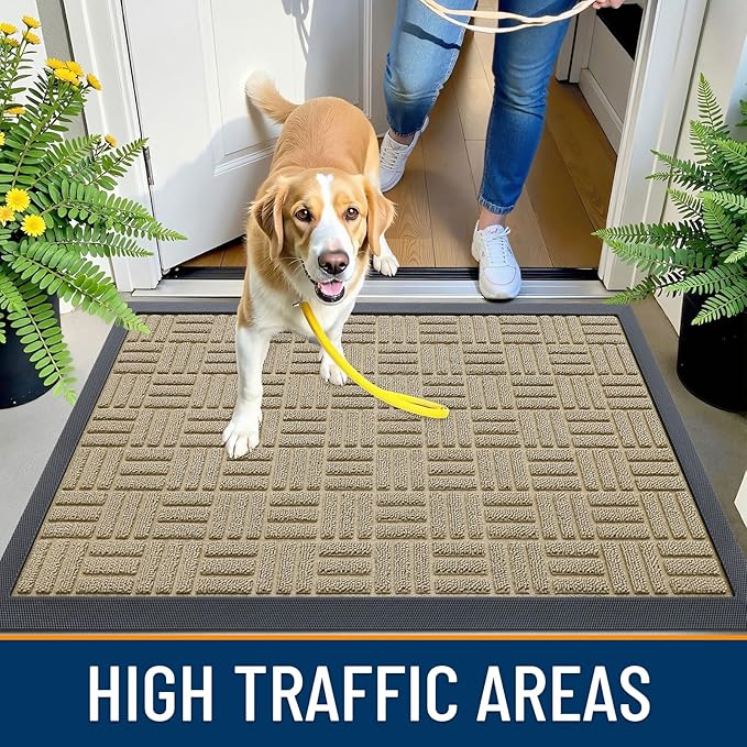 OLANLY Front Door Mat Outside Entrance 47x17, Absorbent, Heavy Duty Sturdy Natural Rubber Doormat Indoor Outdoor, Stain and Fade Resistant, Non-Slip Backing Low Profile Floor Mat for Entryway, Beige