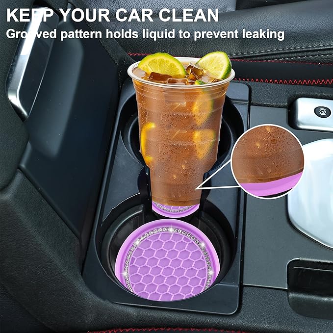 Amooca Car Cup Coaster 4 Pack Universal Non-Slip Cup Holders Insert Coasters Bling Crystal Rhinestone Car Interior Accessories Purple Grid