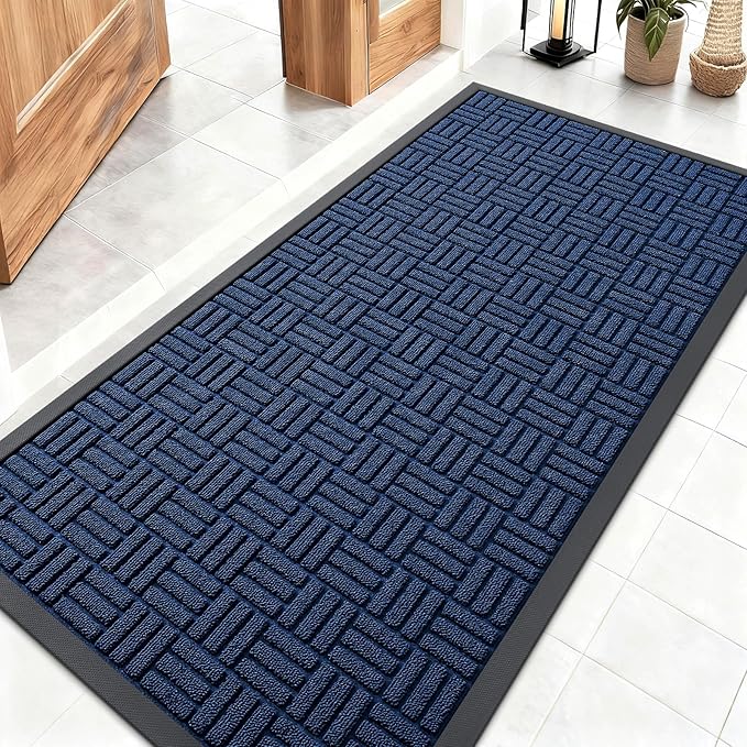 OLANLY Front Door Mat Outside Entrance 47x23, Absorbent, Heavy Duty Sturdy Natural Rubber Doormat Indoor Outdoor, Non-Slip, Stain and Fade Resistant, Low Profile Floor Mat for Entryway, Navy Blue
