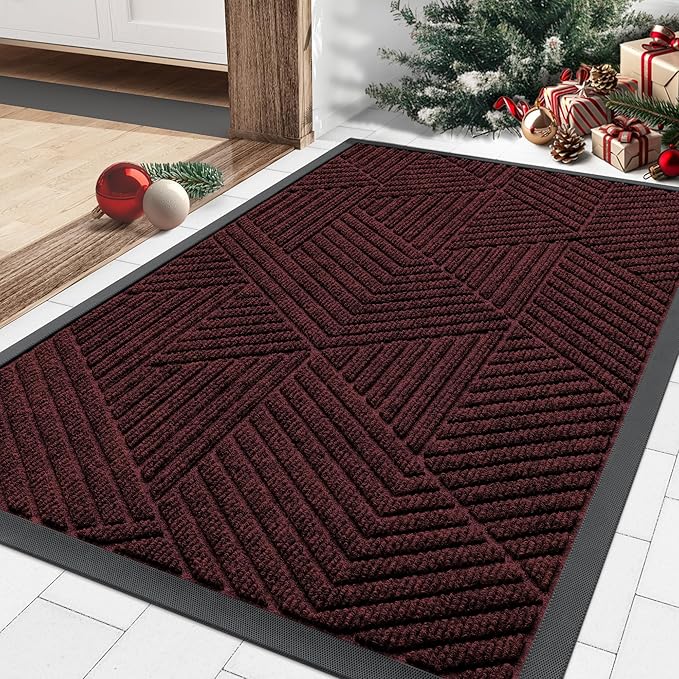 Smiry Front Door Mat Outside Entrance, Heavy Duty Sturdy Natural Rubber Doormat, Trap Dirt and Moisture, Easy Clean Low Profile Mats for Indoor Outdoor Entry, Irregular Triangle (29.5x17, Dark Red)