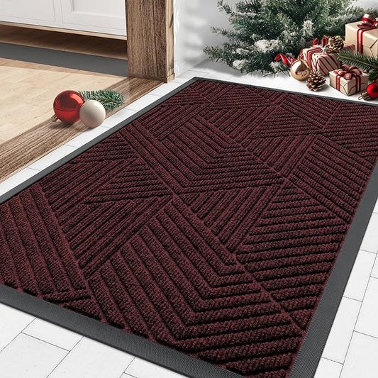 Smiry Front Door Mat Outside Entrance, Heavy Duty Sturdy Natural Rubber Doormat, Trap Dirt and Moisture, Easy Clean Low Profile Mats for Indoor Outdoor Entry, Irregular Triangle (29.5x17, Dark Red)