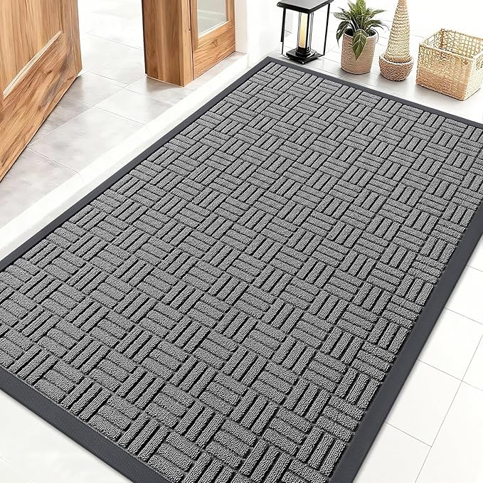 OLANLY Front Door Mat Outside Entrance 47x32, Absorbent, Heavy Duty Sturdy Natural Rubber Doormat Indoor Outdoor, Stain and Fade Resistant, Non-Slip Backing Low Profile Floor Mat for Entryway, Grey