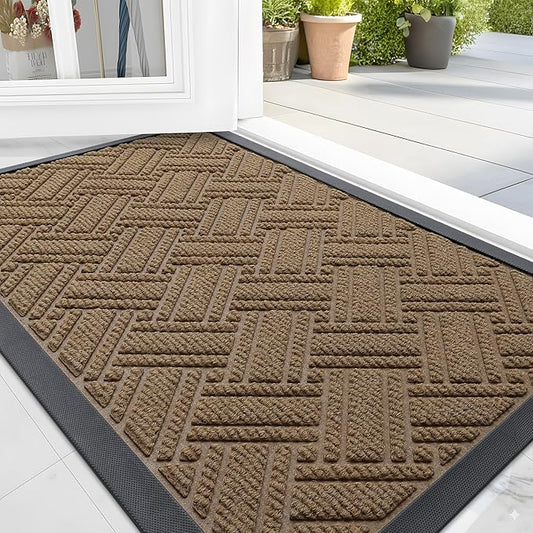 OLANLY Indoor Outdoor Mat, Sturdy Natural Rubber Floor Mat, Non Slip Low Profile Waterproof Doormat, and Stain Front Door Mats, Easy Clean Patio Entrance Mat, 30''x17'', Light Brown