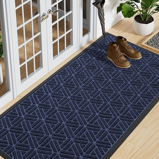 Smiry Front Door Mat Outside Entrance, Heavy Duty Sturdy Natural Rubber Doormat, Trap Dirt and Moisture, Easy Clean Low Profile Mats for Indoor Outdoor Entry, Grid Geometric (59x24, Navy Blue)