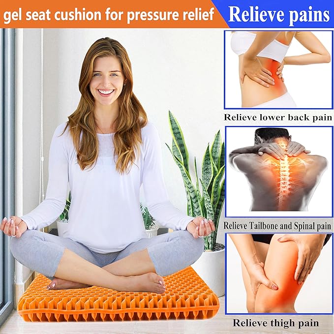 Plus Size Gel Seat Cushion, Extra Large and Thick, Seat Cushion for Pressure Relief for Back, Hip, Sciatica, Tailbone Pain, Use for The Office, Wheelchair, Car, Recliner, Truck, Trip, Stadium.(Orange)